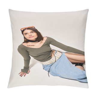 Personality  A Young Woman With Brunette Hair Sits Peacefully On The Floor In A Studio Setting. Pillow Covers
