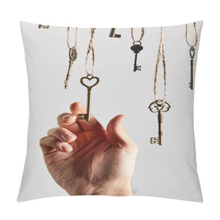 Personality  Cropped View Of Man Touching Vintage Keys Hanging On Ropes Isolated On White Pillow Covers