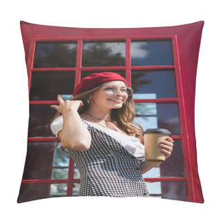 Personality  Happy Woman In Beret And Eyeglasses Holding Paper Cup Near Red Phone Booth Pillow Covers
