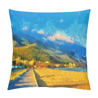 Personality  A Digital Painting Of A Pathway On Beach With Mountain Backdrop With Monet Style Brushstrokes Pillow Covers