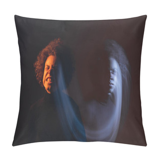 Personality  Double Exposure Of African American Man With Bipolar Disorder And Injured Face Grimacing On Black Background With Orange And Blue Light Pillow Covers