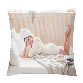Personality  A Beautiful Happy Young Woman Lies On The Bed At Home With White Cover Magazine Near Her. Beautiful Girl Enjoying On The Bed In Morning. Pillow Covers