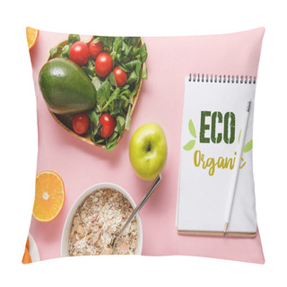 Personality  Top View Of Fresh Diet Food And Notebook With Eco Organic Words On Pink Background Pillow Covers