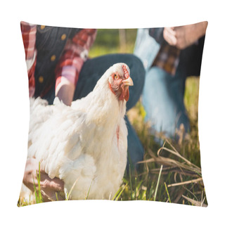 Personality  Cropped Image Of Couple Of Farmers Sitting On Grass With Chicken Outdoors  Pillow Covers