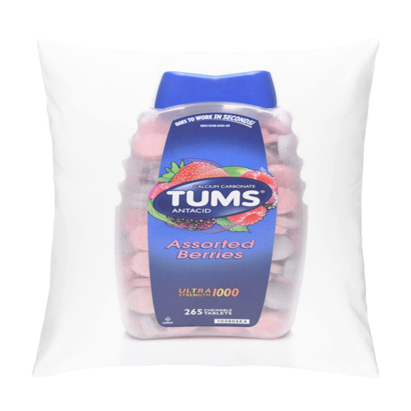 Personality  IRVINE, CA - MAY 31, 2017: Tums Antacid. A Heartburn Remedy Made Of Sucrose (sugar) And Calcium Carbonate (CaCO3) Manufactured By GlaxoSmithKline. Pillow Covers