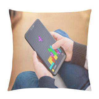 Personality  Popular Tetris Game On Modern Smart Phone. Concept Of Technology Development Children Intelligence. Pillow Covers