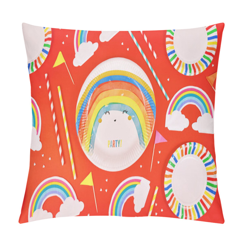 Personality  Party flat lay with colorful plates, rainbow napkins and drinking straws on red background  pillow covers