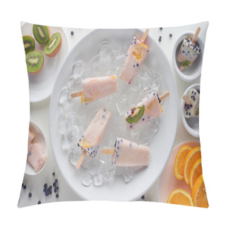 Personality  Top View Of Delicious Homemade Popsicles With Ice Cubes And Sliced Fruits On Grey   Pillow Covers