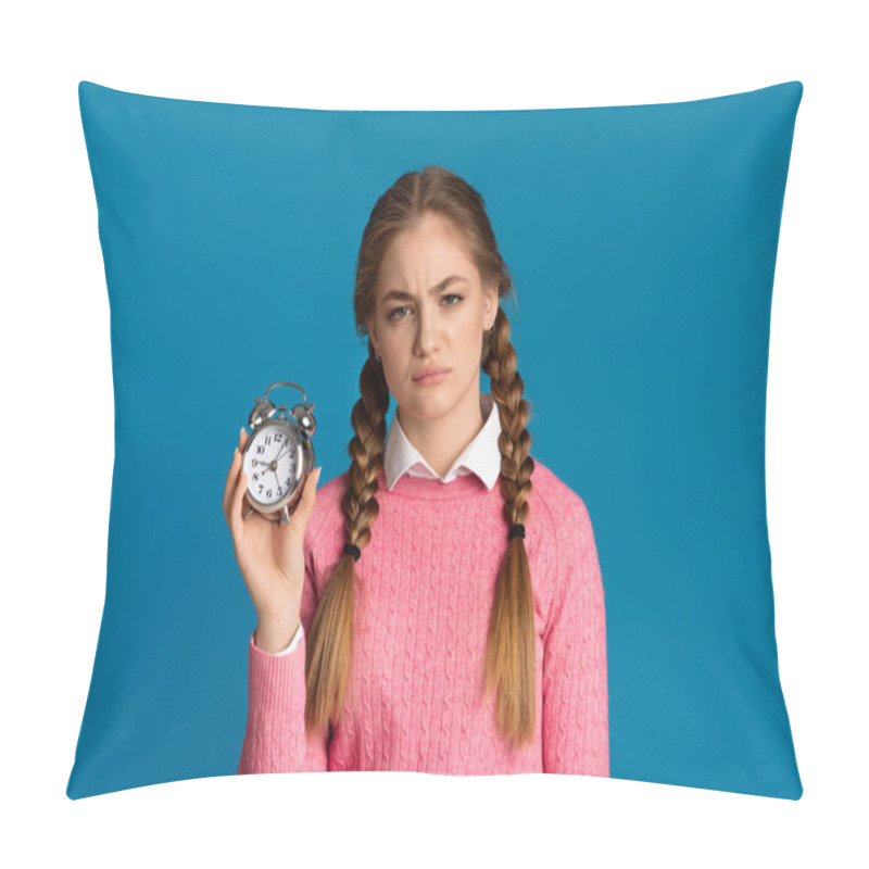 Personality  Oversleep Concept. Tired Teenager Girl With Pigtails Holds Alarm Clock In Her Hands Pillow Covers