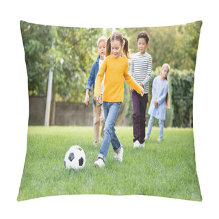 Personality  Smiling Girl Playing Football Near Multiethnic Friends On Blurred Background In Park  Pillow Covers