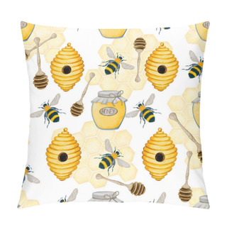Personality  6006 Honey Jar, Spoon, Beehive And Bees Watercolor Seamless Pattern Pillow Covers