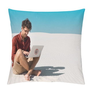 Personality  Young Freelancer On Sandy Beach Using Laptop With Stop Virus Sign Against Clear Blue Sky Pillow Covers