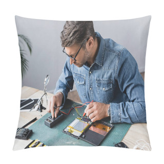 Personality  Repairman Regulating Multimeter While Holding Sensors Near Disassembled Part Of Broken Digital Tablet At Workplace Pillow Covers