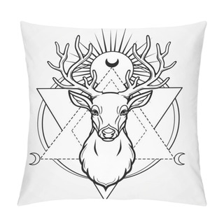 Personality  Mystical Image Of The Head Of A Horned Deer, Sacred Geometry, Symbols Of The Moon. Black Drawing Isolated On A Gray Background. Vector Illustration. Print, Potser, T-shirt, Card. Pillow Covers