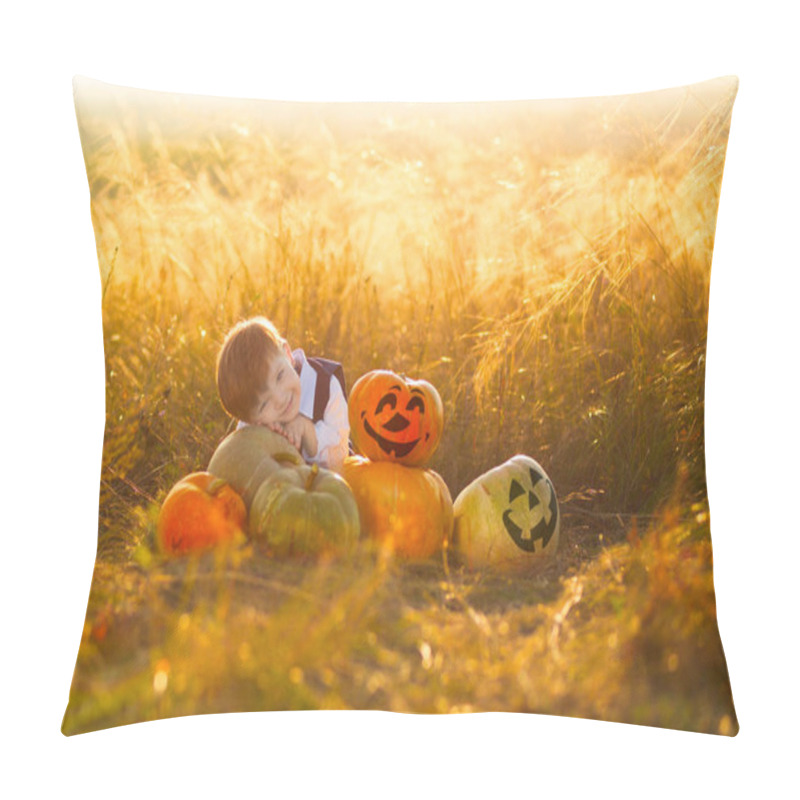 Personality  Cute boy enjoying autumn time. Little boy with pumpkins for Halloween over sunset or sunrise background. pillow covers