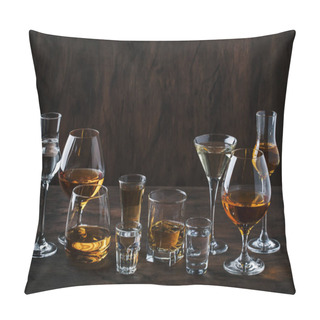 Personality  Strong Spirits Set. Hard Alcoholic Drinks In Glasses In Assortment: Vodka, Cognac, Tequila, Brandy And Whiskey, Grappa, Liqueur, Vermouth, Tincture, Rum. Vintage Bar Counter Background, Selective Focus Pillow Covers