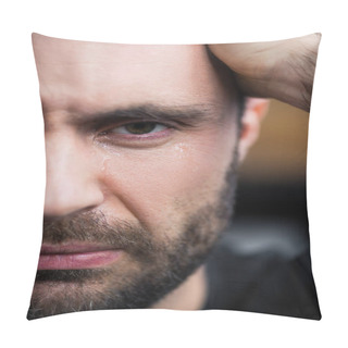 Personality  Partial View Of Depressed Bearded Man Crying And Looking At Camera Pillow Covers