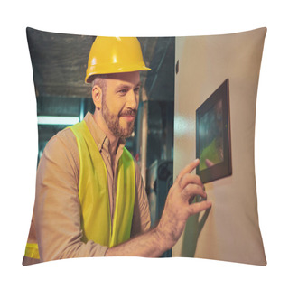 Personality  Cheerful Technician In Safety Clothes And Helmet Working Hard And Smiling Happily, Data Center Pillow Covers