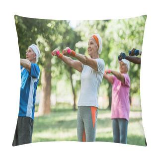 Personality  Selective Focus Of Senior Pensioners Exercising With Dumbbells In Park  Pillow Covers