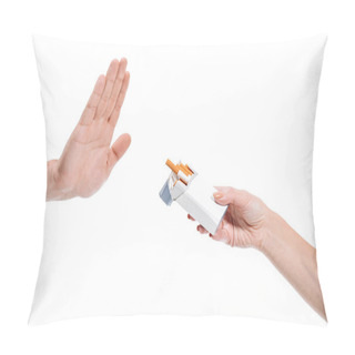 Personality  Cropped Image Man Rejecting Pack Of Cigarettes From Woman Isolated On White Pillow Covers