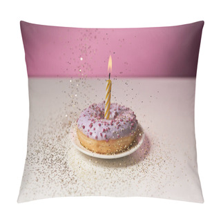Personality  Burning Candle In Middle Of Doughnut With Falling Golden Sparkles On White Table On Pink Background  Pillow Covers