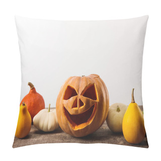 Personality  Halloween Pumpkins On Wooden Rustic Table Isolated On White Pillow Covers