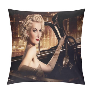 Personality  Woman In Retro Car Against Night City. Pillow Covers