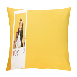 Personality  Brunette Girl In Summer Outfit Posing Blowing Kiss In Social Network Frame On Yellow Background, Panoramic Shot Pillow Covers