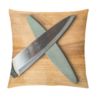 Personality  Large Kitchen Knife For Vegetables With Grindstone Made Of Coarse Abrasive On Wooden Board. Pillow Covers