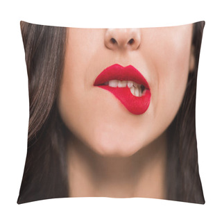 Personality  Cropped View Of Young Woman Biting Red Lips  Pillow Covers