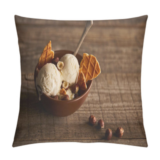 Personality  Delicious Ice Cream With Pieces Of Waffle, Spoon And Hazelnuts In Bowl On Wooden Surface Pillow Covers
