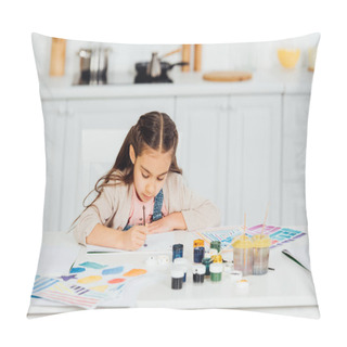 Personality  Concentrated And Cute Kid Painting On Paper At Home  Pillow Covers