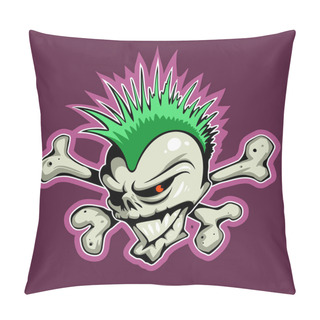 Personality  Cartoon Style Skull With Iroquois Haircut And Crossing Bones On Background, Vector Logo Pillow Covers