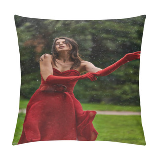 Personality  A Young Woman In A Striking Red Dress Stands Gracefully In A Summer Rain Shower, Embracing Natures Beauty. Pillow Covers