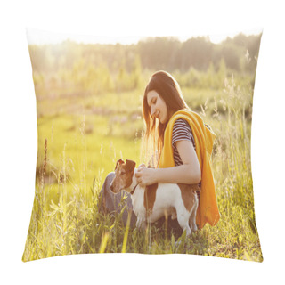 Personality  A Beautiful Young Girl Is Sitting On The Grass And Hugging Her Dog. A Girl And Her Pet Are Resting After A Walk In Nature. Friend, Friendship, Care. Space For Text Pillow Covers