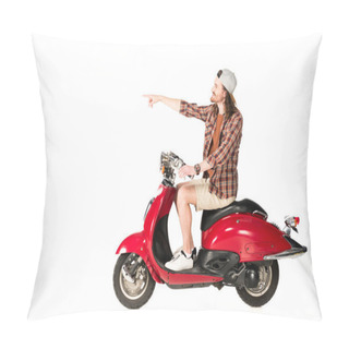Personality  Side View Of Young Man Sitting On Red Scooter And Pointing With Finger Isolated On White Pillow Covers