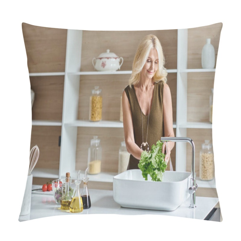 Personality  Carefree Middle Aged Vegetarian Woman With Blonde Hair Washing Fresh Lettuce While Preparing Salad Pillow Covers