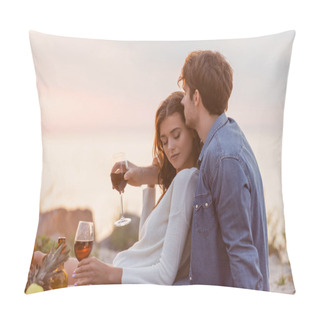 Personality  Selective Focus Of Man Hugging Girlfriend With Glass Of Wine During Picnic On Beach  Pillow Covers