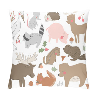 Personality  A Set Of Hand Drawn Cute Woodland Animals. Racoon, Bear, Mouse, Chipmunk, Squirrel,deer, Stark, Pig, Hedgehog, Bird, Mushroom, Acorn, Bear . Vector Collection Perfect For Childish Decoration Clothes, Pillow Covers