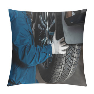 Personality  Cropped View Of Mechanic Installing New Tire On Car Pillow Covers