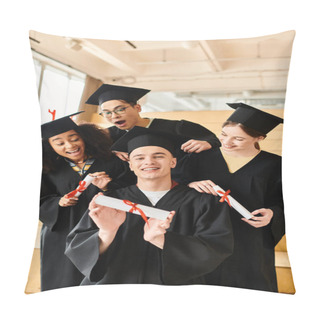 Personality  A Diverse Group Of Students In Graduation Gowns And Academic Caps Posing Happily For A Picture Indoors. Pillow Covers