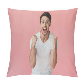 Personality  Front View Of Excited Muscular Man In White T-shirt Showing Yes Gesture Isolated On Pink Pillow Covers