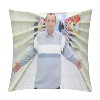 Personality  Elderly Man Stands Between Empty Shelves In Shop With Dissolved Pillow Covers