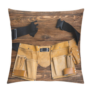 Personality  Top View Of Leather Tool Belt On Wooden Surface, Labor Day Concept Pillow Covers