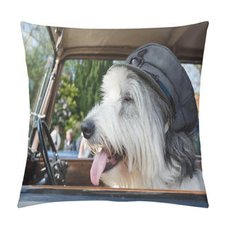 Personality  Old English Sheep Dog Wearing A World War Cap Sitting In A Vintage Car Pillow Covers
