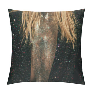 Personality  Cropped Shot Of Woman With Sparkling Glitter On Chest And Jacket With Sequins On Black Background Pillow Covers