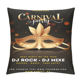 Personality  Shiny Golden Party Mask On Brown Bokeh Background For Carnival Party Template Or Flyer Design. Pillow Covers