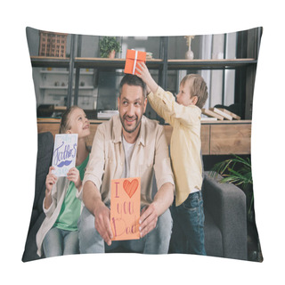 Personality  Happy Children With Fathers Day Gifts Having Fun With Father Holding Greeting Card With I Love You Dad Inscription And Heart Symbol Pillow Covers