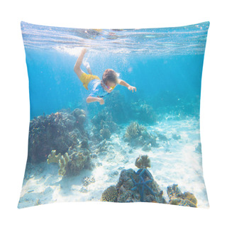 Personality  Child Snorkeling. Kids Swim Underwater. Beach And Sea Summer Vacation With Children. Little Boy Watching Coral Reef Fish. Marine Life On Exotic Island. Kid Swimming And Diving With Snorkel And Mask. Pillow Covers