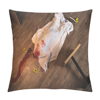 Personality  Top View Dead Body Covered With White Sheet At Crime Scene Pillow Covers